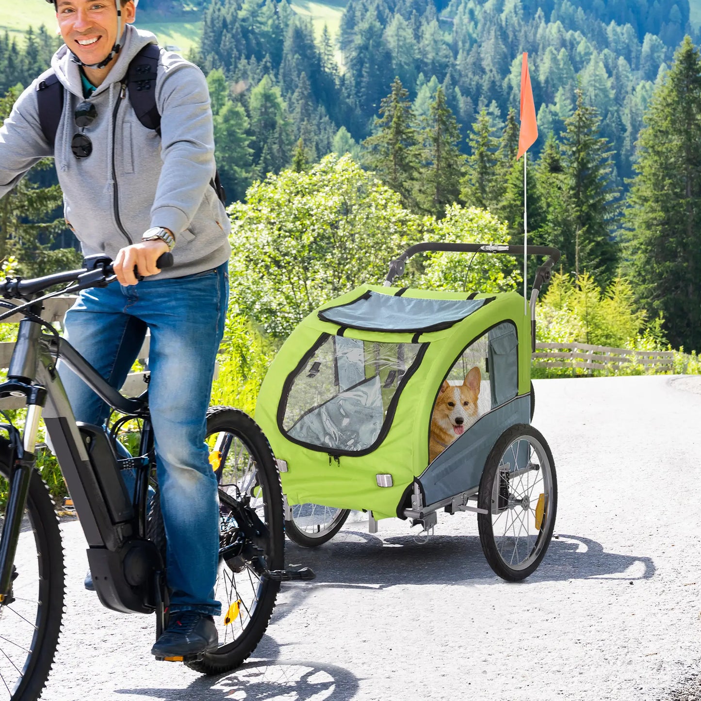 Dog Bike Trailer, 2-In-1, Suspension, Hitch, Storage Pockets, Green Dog Bike Trailers & Strollers at Gallery Canada