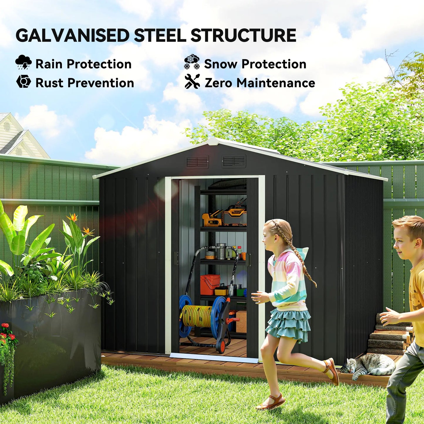 8' x 6' Outdoor Storage Shed, Metal Garden Tool House, Lockable Doors, Charcoal Grey Sheds at Gallery Canada