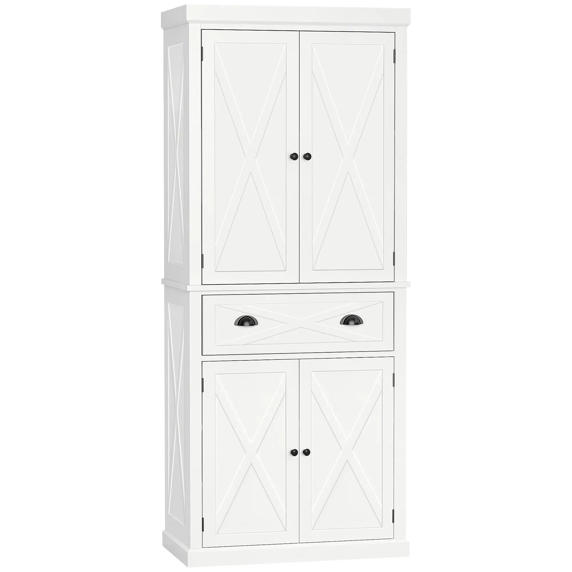 72.5" Kitchen Pantry Cabinet, 4 Doors, Drawer, Adjustable Shelves, White Kitchen Pantry Cabinets White at Gallery Canada
