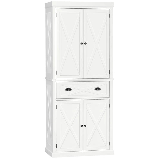 72.5" Kitchen Pantry Cabinet, 4 Doors, Drawer, Adjustable Shelves, White Kitchen Pantry Cabinets White at Gallery Canada