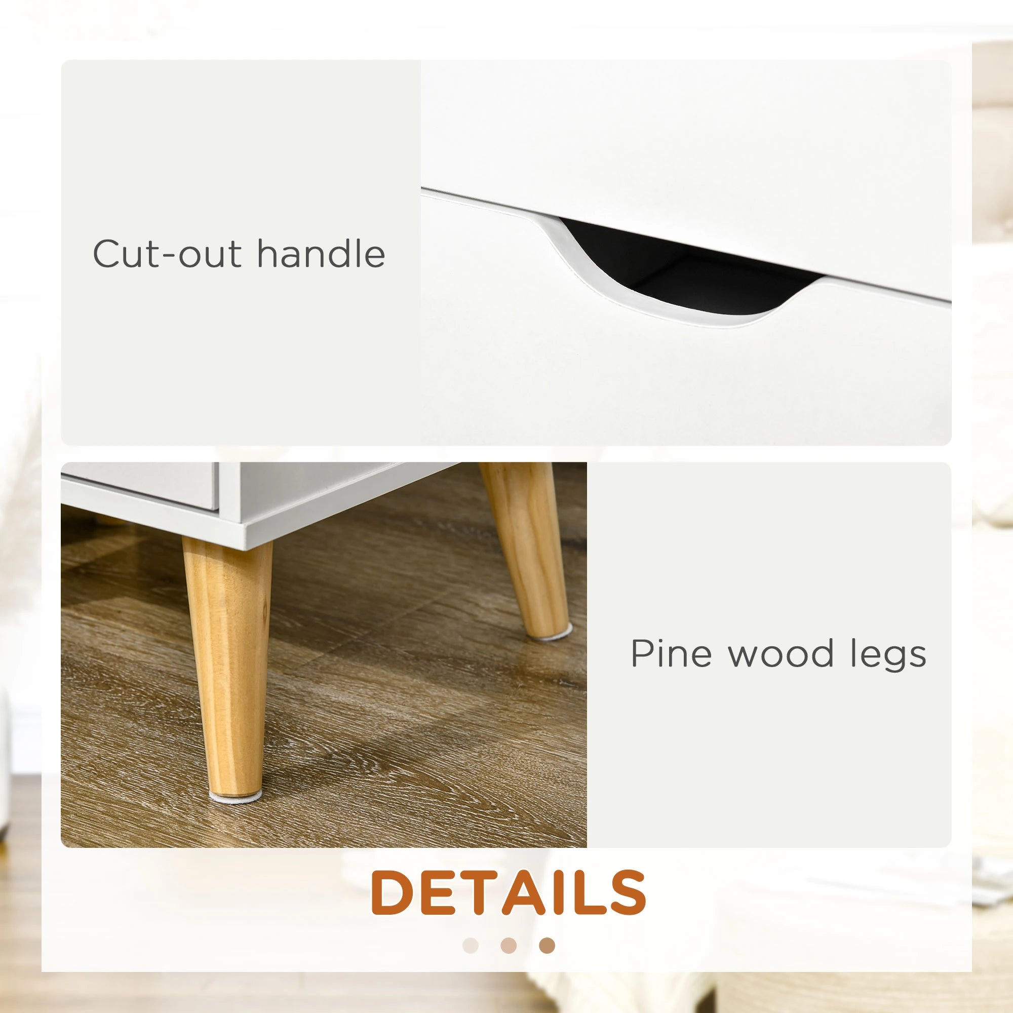 Modern Bedside Table, Nightstand with 2 Drawers, Pine Wood Legs, White Bedside Tables at Gallery Canada