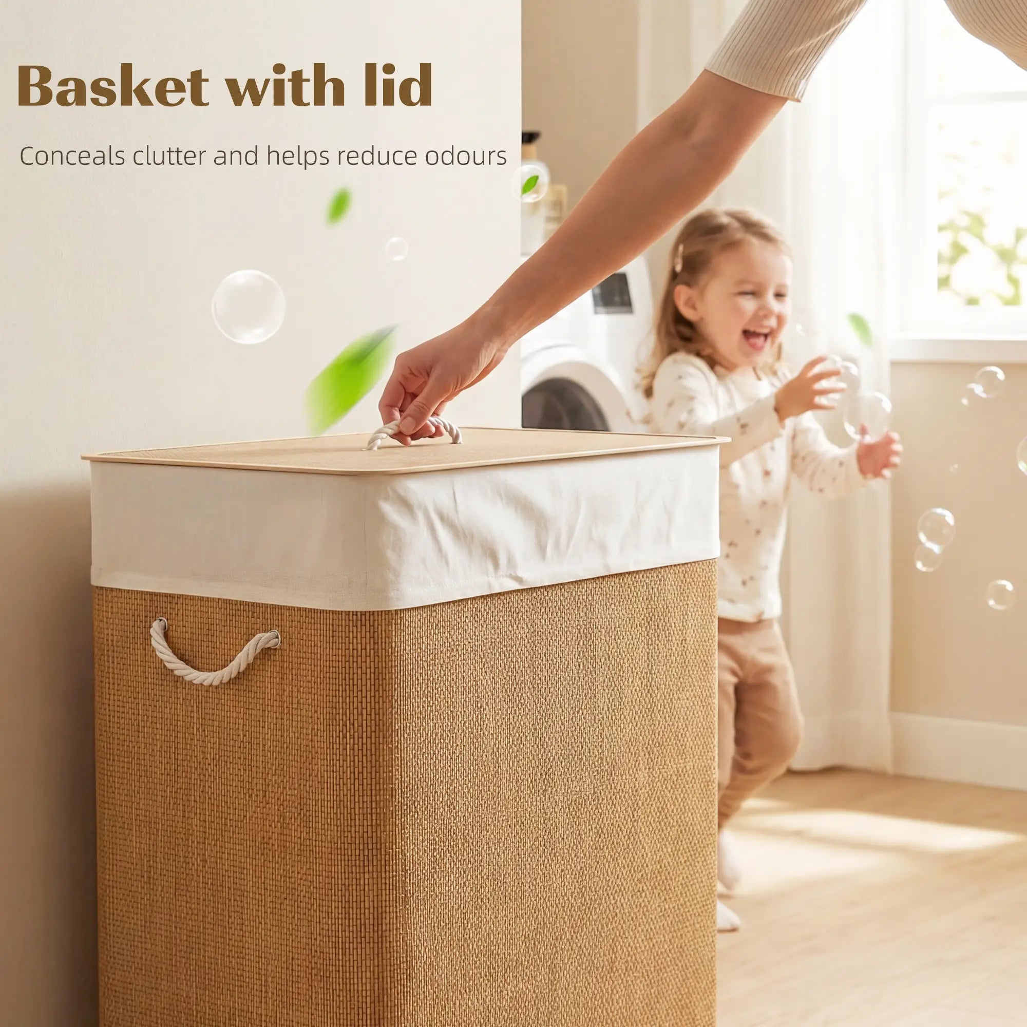Double Laundry Basket with Lid, 100L Bamboo Hamper, Removable Bags, Brown Clothing Storage at Gallery Canada