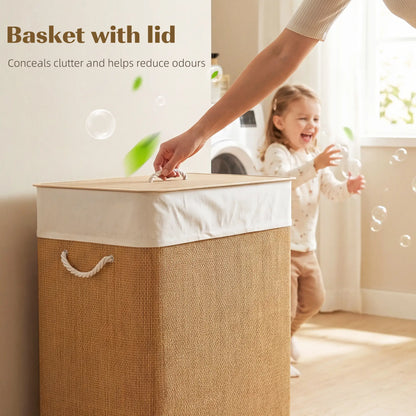 Double Laundry Basket with Lid, 100L Bamboo Hamper, Removable Bags, Brown Clothing Storage at Gallery Canada