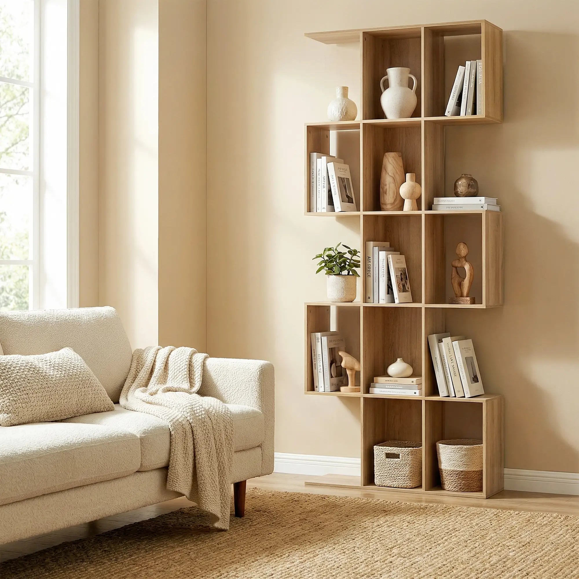 5-Tier S Shaped Geometric Bookcase, 15 Compartments, Oak Display Bookshelves at Gallery Canada