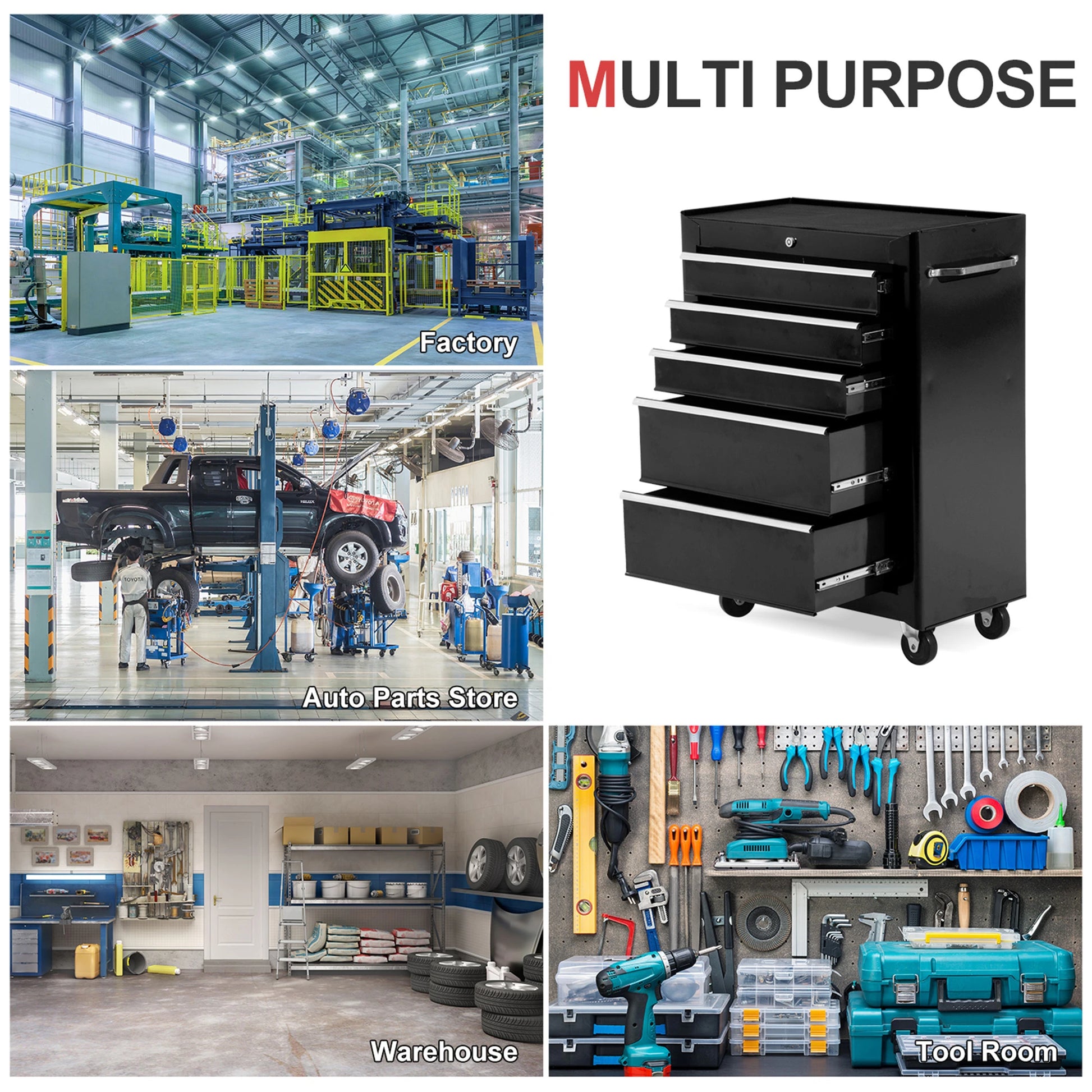 5-Drawer Rolling Tool Cabinet, Lockable Tool Chest, Black Tool Organizers at Gallery Canada