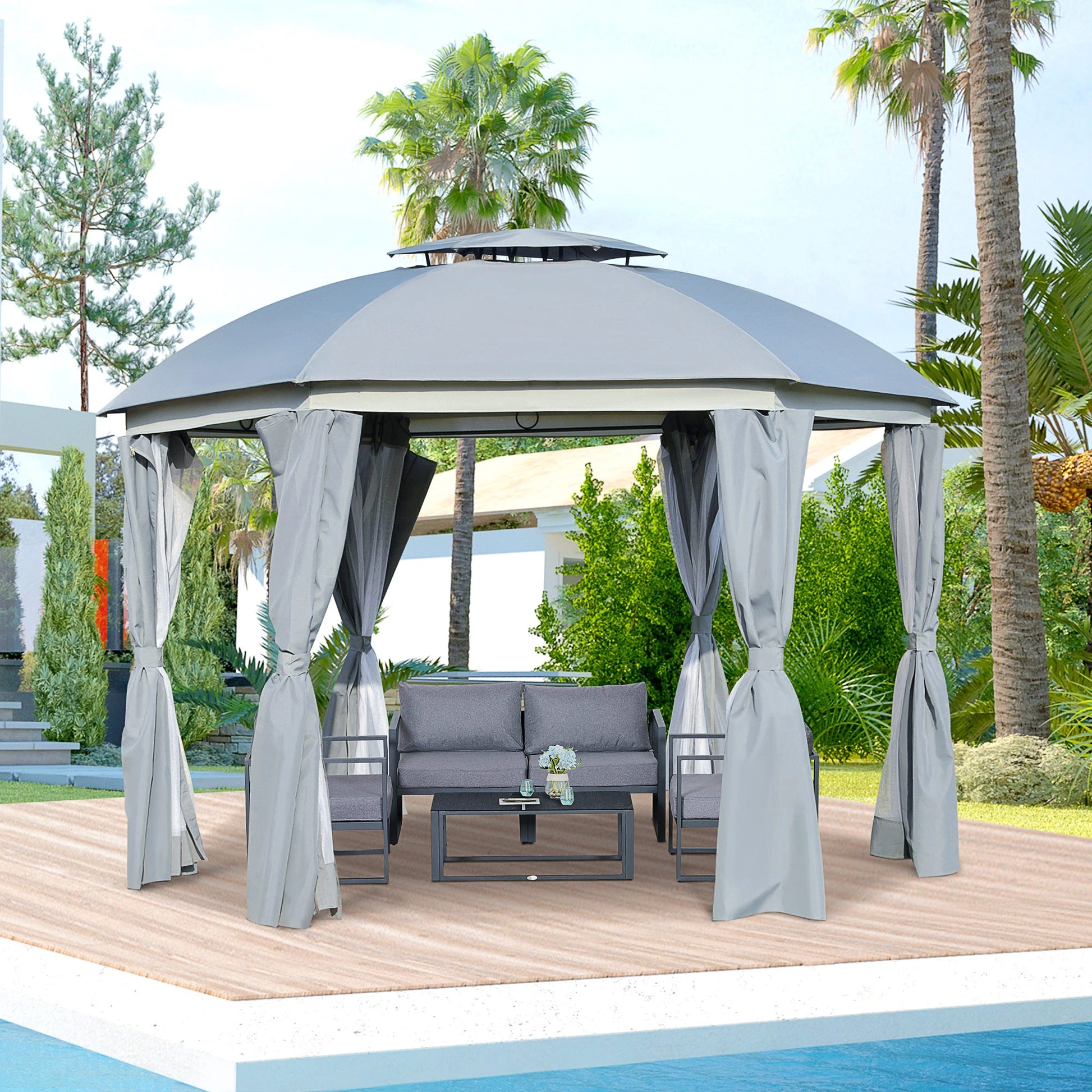 12' x 12' Outdoor Gazebo, Dome Canopy, Netting Sidewalls, Dark Grey Gazebos at Gallery Canada