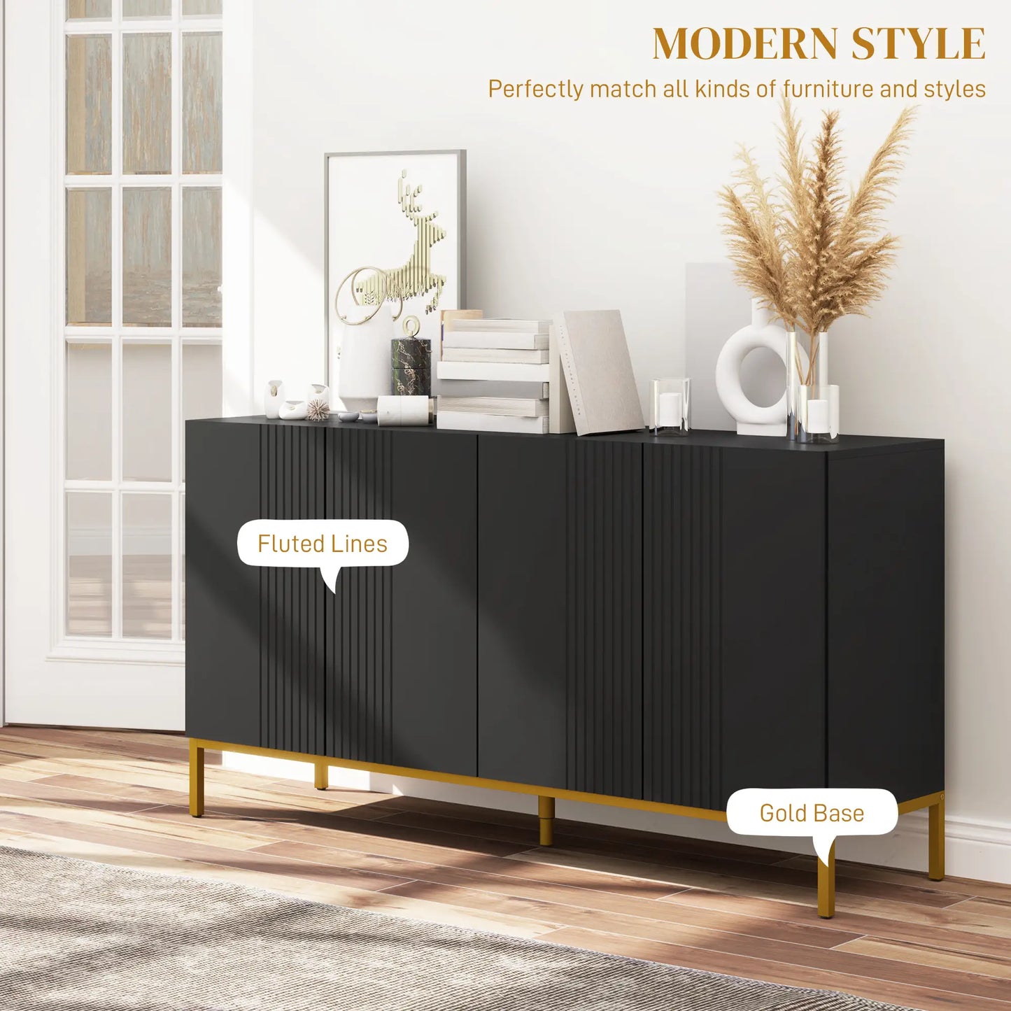 Sideboard Storage Cabinet, Adjustable Shelves, Soft Close Doors, Black Kitchen Pantry Cabinets at Gallery Canada