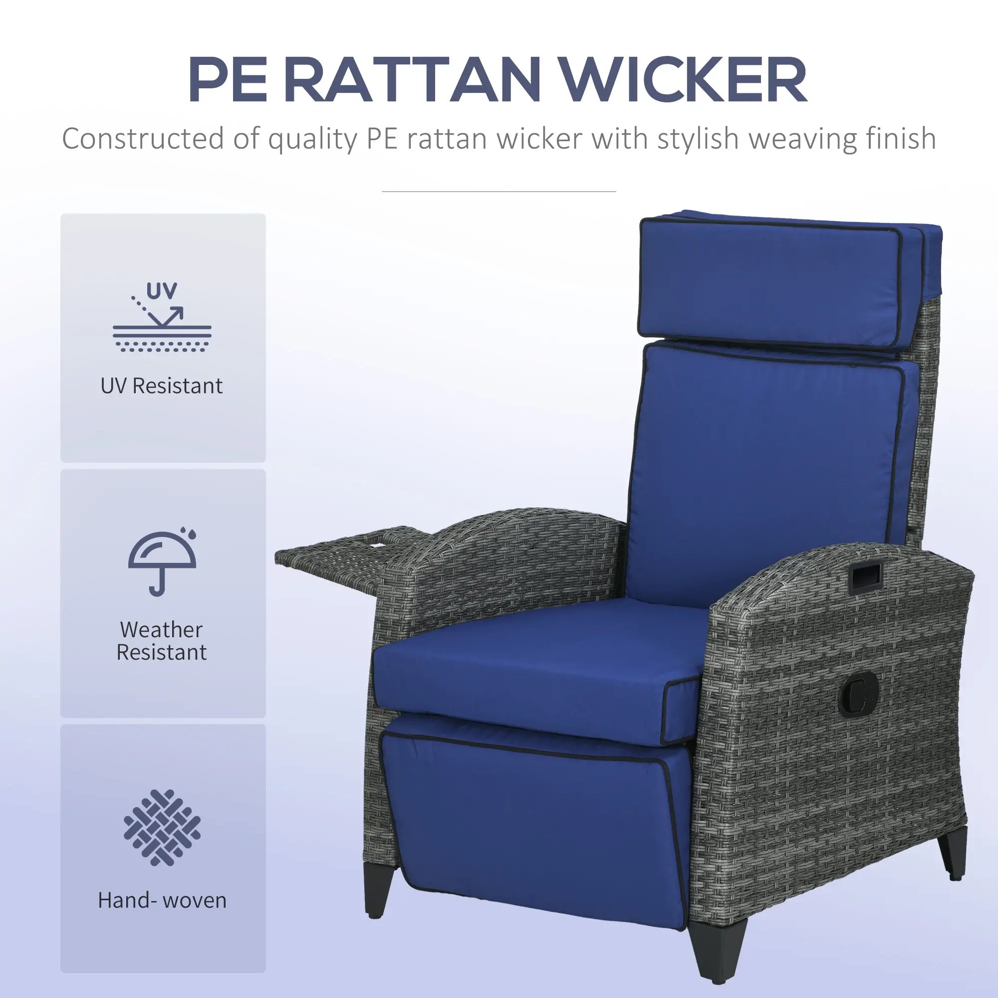 Outdoor Recliner Chair, Adjustable Backrest, Cushion, Side Tray, Dark Blue Wicker Chaise Loungers at Gallery Canada