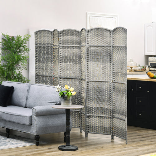 6 Ft Tall Folding Room Divider, 6 Panel Portable Privacy Screen, Hand-Woven Partition Wall Divider, Mixed Grey