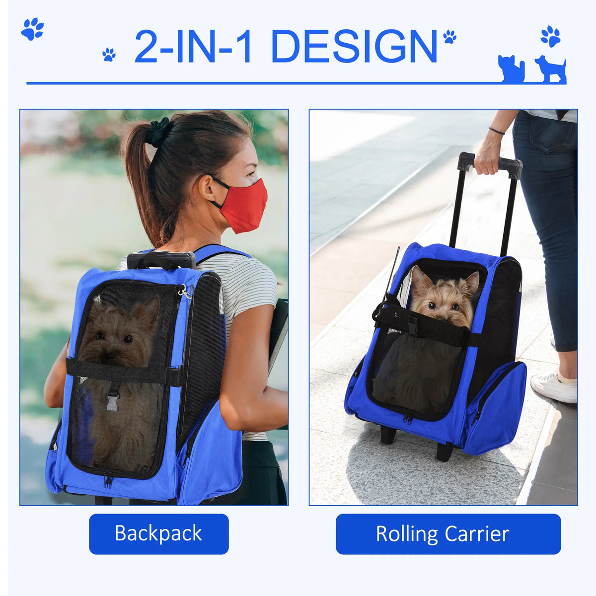 2-in-1 Pet Luggage Box Backpack Carrier, Rolling Wheel, Blue Dog Bike Trailers & Strollers at Gallery Canada