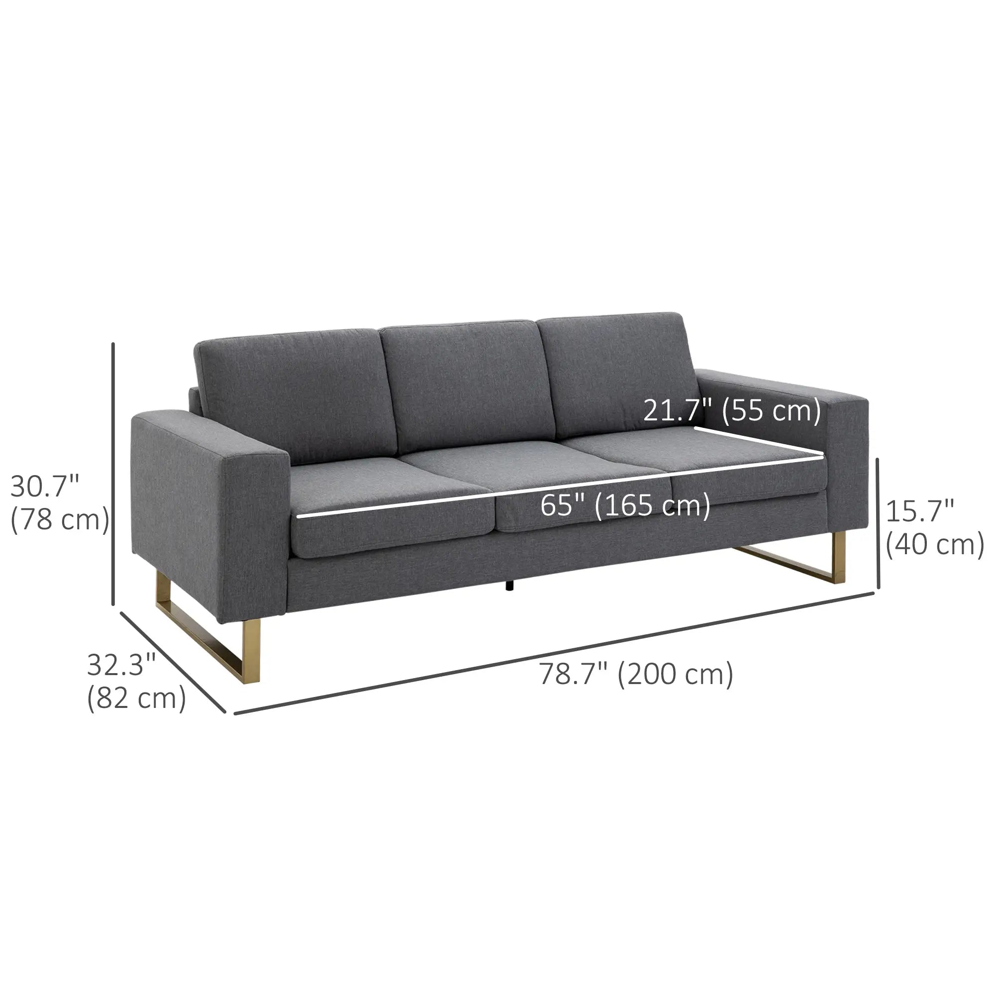 3 Seater Sofa, Linen Upholstered, Steel Leg, Wide Armrest, Grey 3-Seater Sofas at Gallery Canada