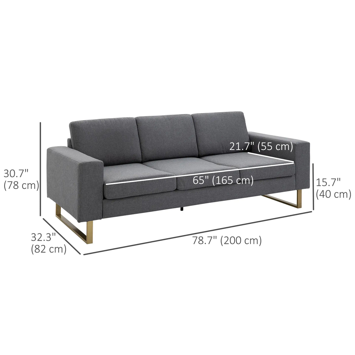 3 Seater Sofa, Linen Upholstered, Steel Leg, Wide Armrest, Grey 3-Seater Sofas at Gallery Canada