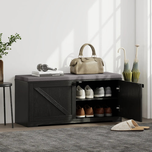 Shoe Storage Bench with Padded Seat, Entryway Bench, 8 Pairs, Black Wood Grain, Black