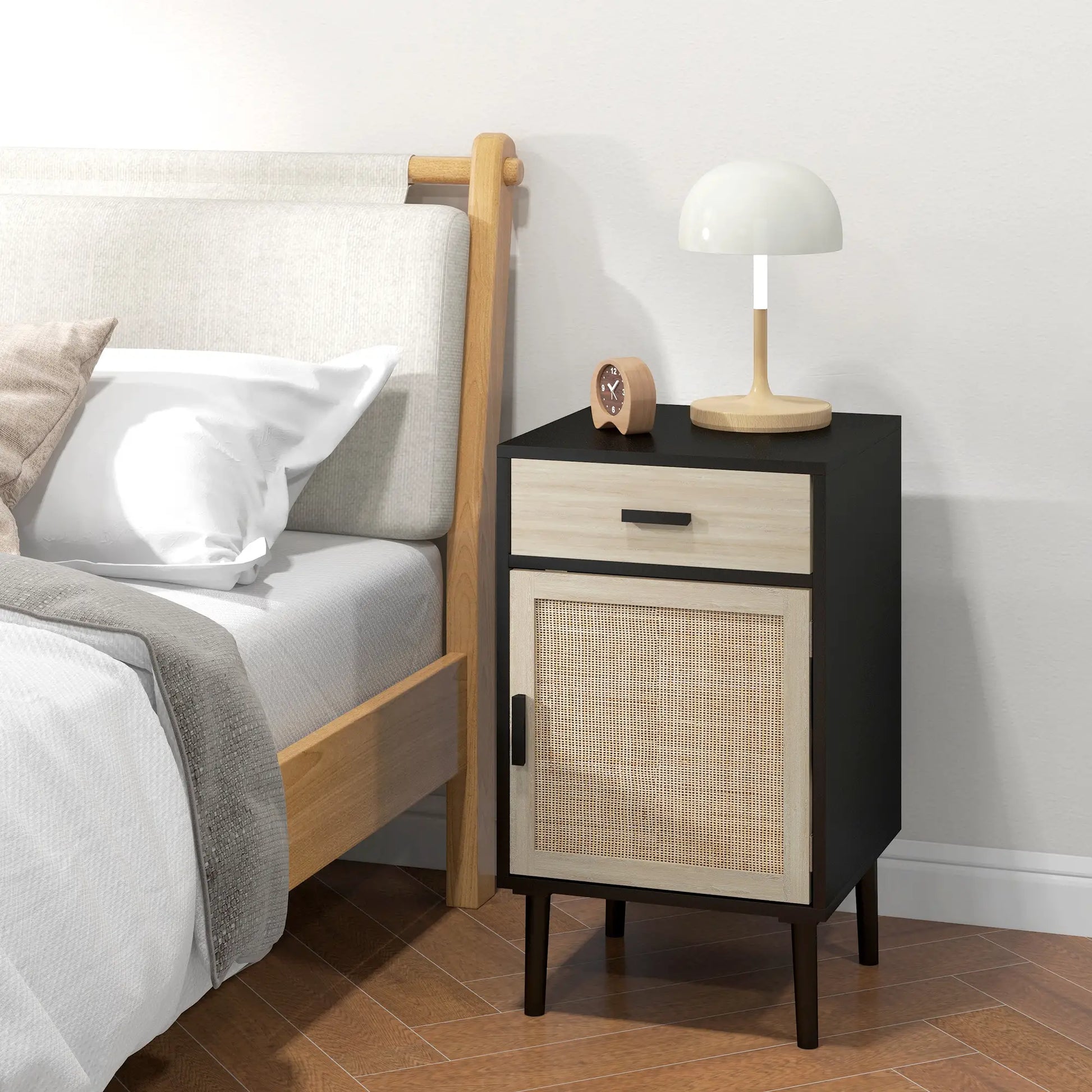Boho Bedside Tables Set of 2, Nightstands with Drawer, Rattan Cabinet, Black Bedside Tables at Gallery Canada