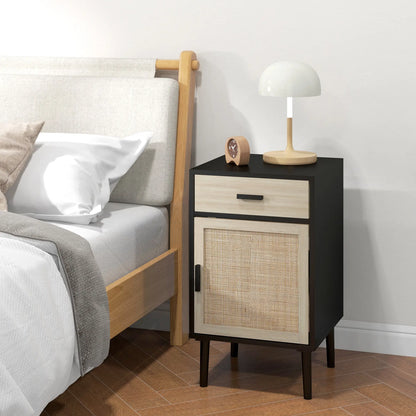 Boho Bedside Tables Set of 2, Nightstands with Drawer, Rattan Cabinet, Black Bedside Tables at Gallery Canada