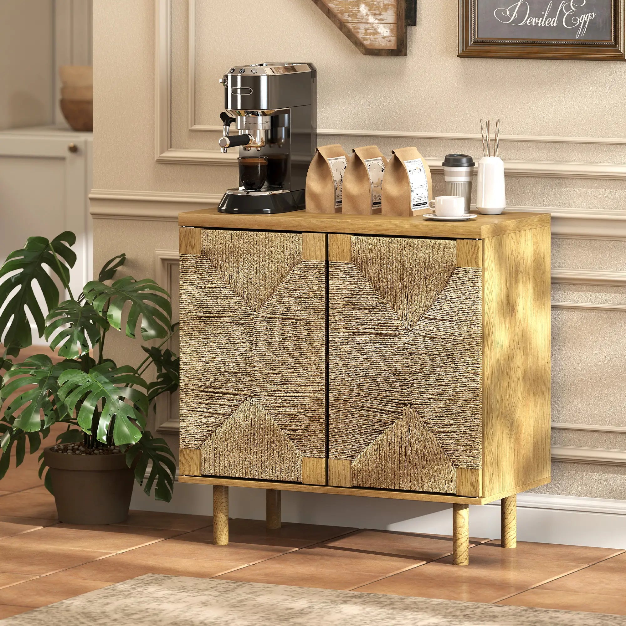 Handwoven Rope Accent Cabinet, Boho Sideboard, Push to Open Doors, Adjustable Shelf Storage Cabinets at Gallery Canada