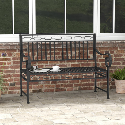 44" Metal Park Bench, 2 Seater Garden Bench with Decorative Backrest and Grid Seat for Patio, Backyard, Lawn, Black - Gallery Canada