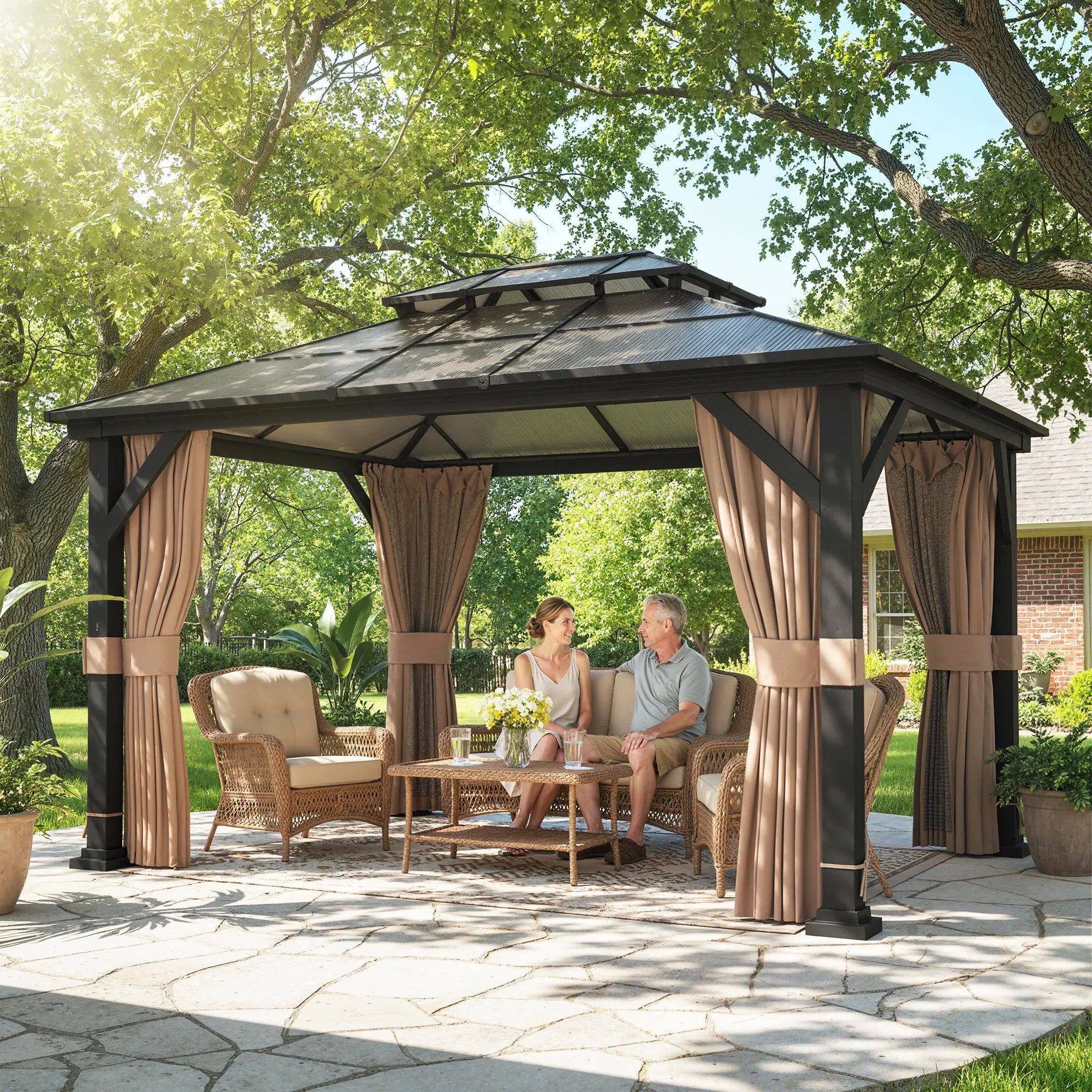 10' x 12' Hardtop Gazebo, Steel Permanent Outdoor, Khaki Gazebos at Gallery Canada
