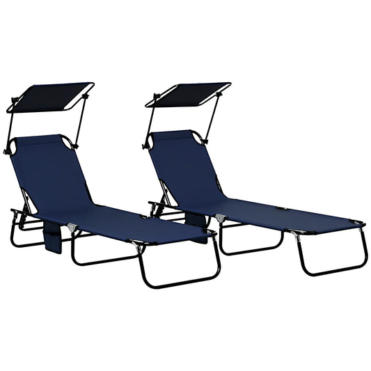 2 Piece Folding Chaise Lounges, Reclining Back, Sunshade, Blue Lounger Chairs Dark Blue Fabric, Black Matte Frame at Gallery Canada