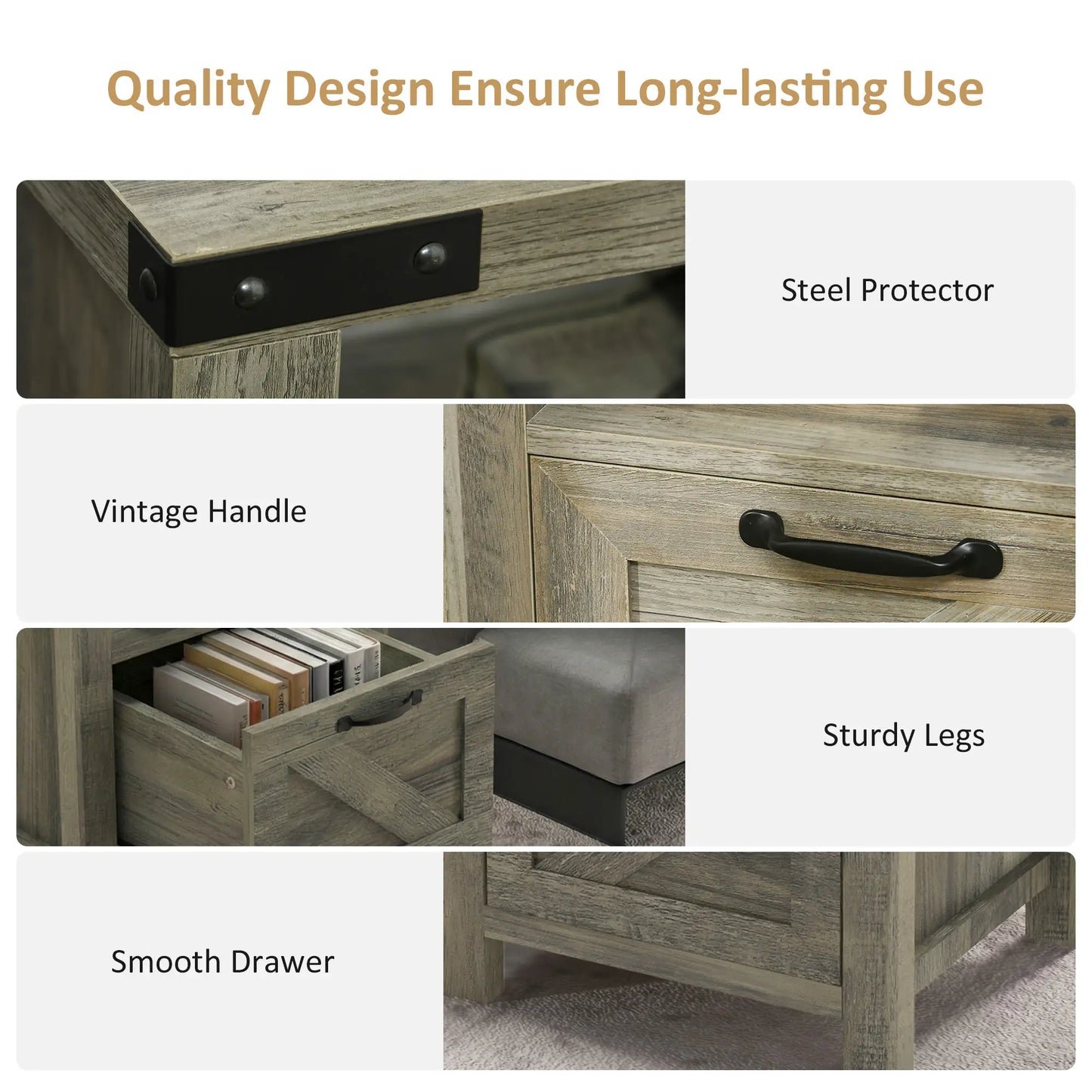 Farmhouse Side Table with Storage, Drawer, Open Shelf, Grey Side Tables at Gallery Canada