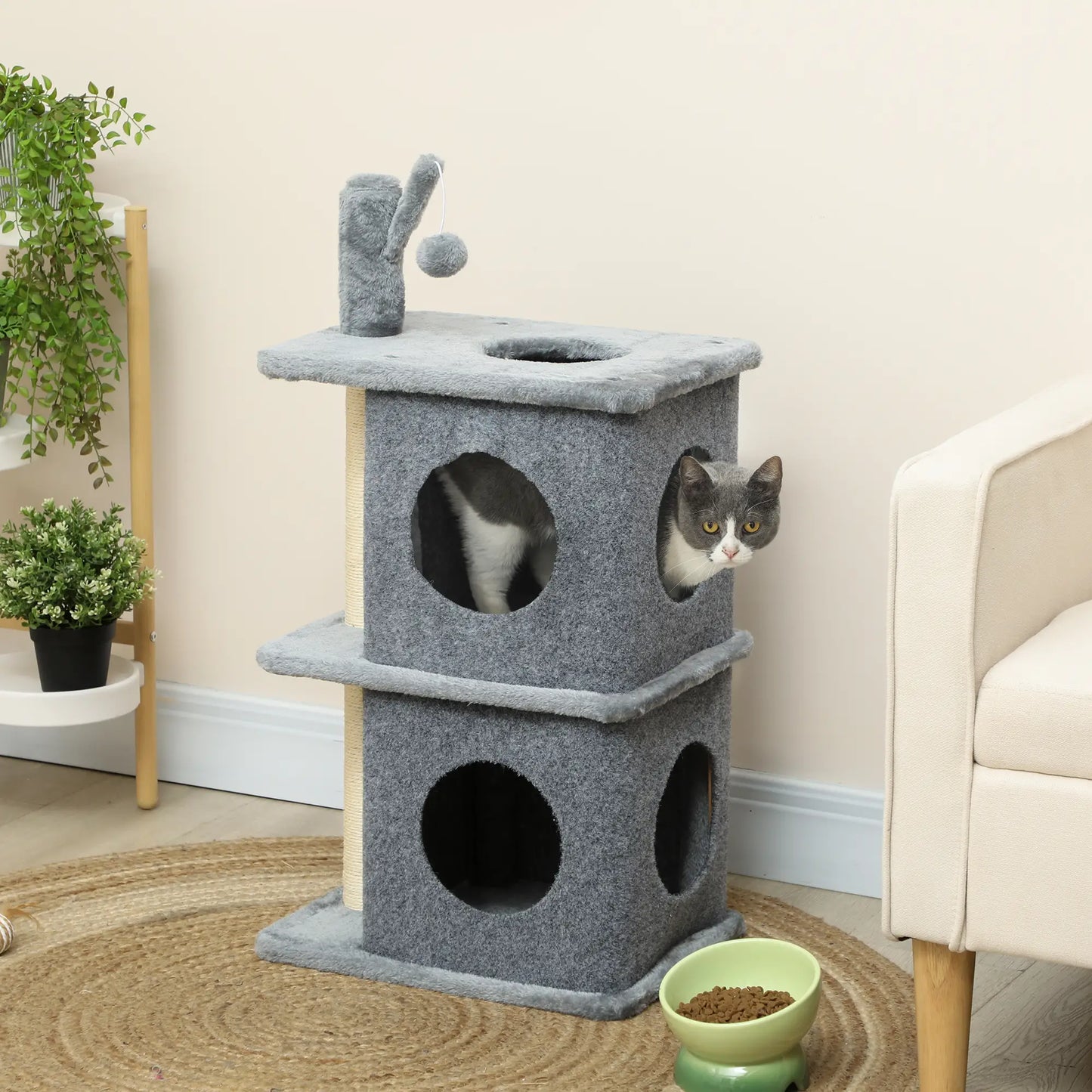 31.5" Cat Tree, Multi-Level Tower with 2 Condos, Soft Plush Perches, Grey Cat Trees at Gallery Canada