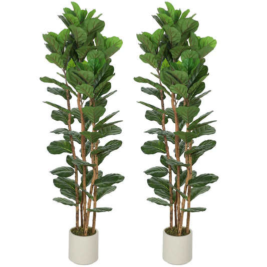 6FT Artificial Fiddle Leaf Fig Tree Set Of 2, Fake Potted Tree, Green