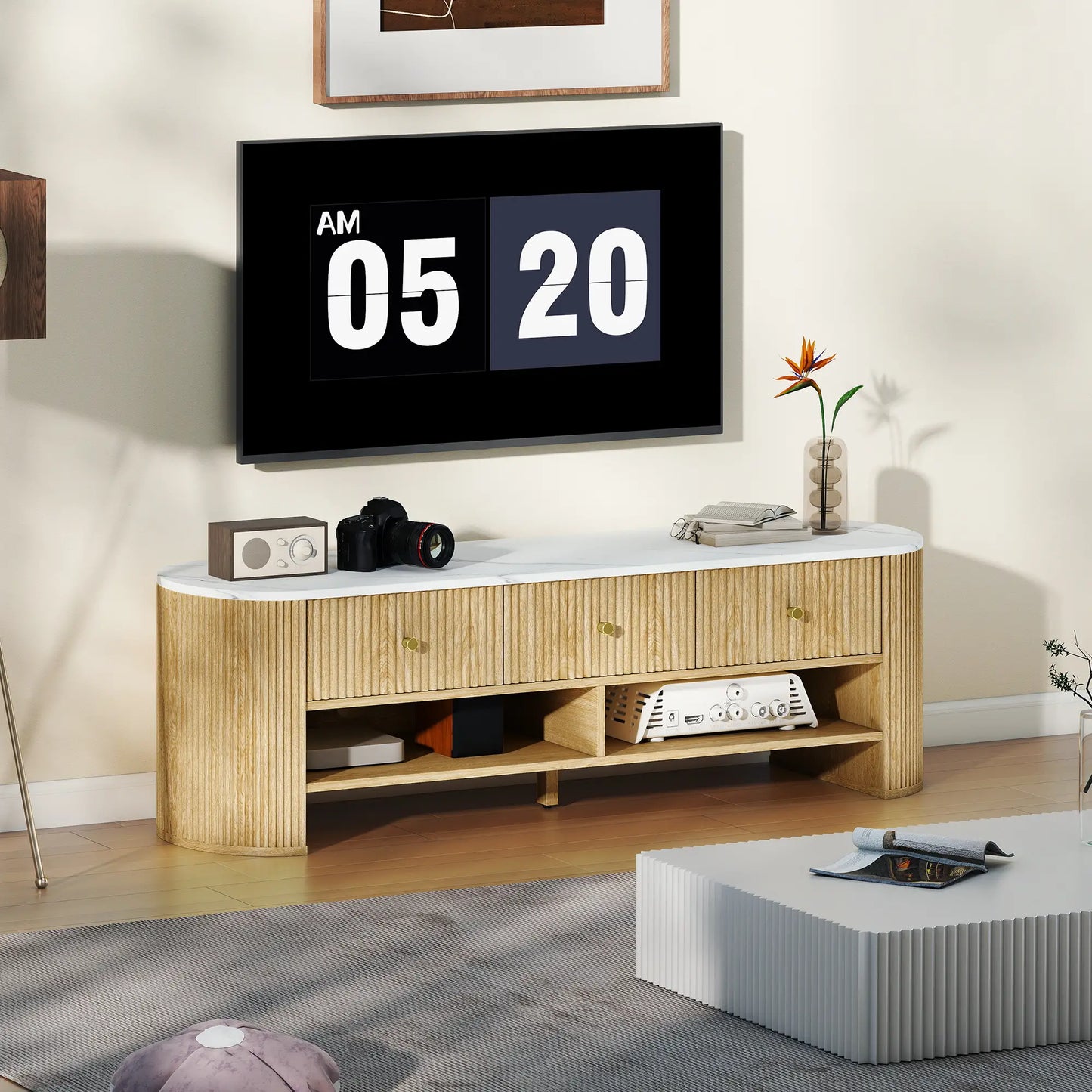 Modern TV Stand, Marble-Effect Top, 3 Drawers, 2 Shelves, 32-65 Inch, Natural TV Stands at Gallery Canada