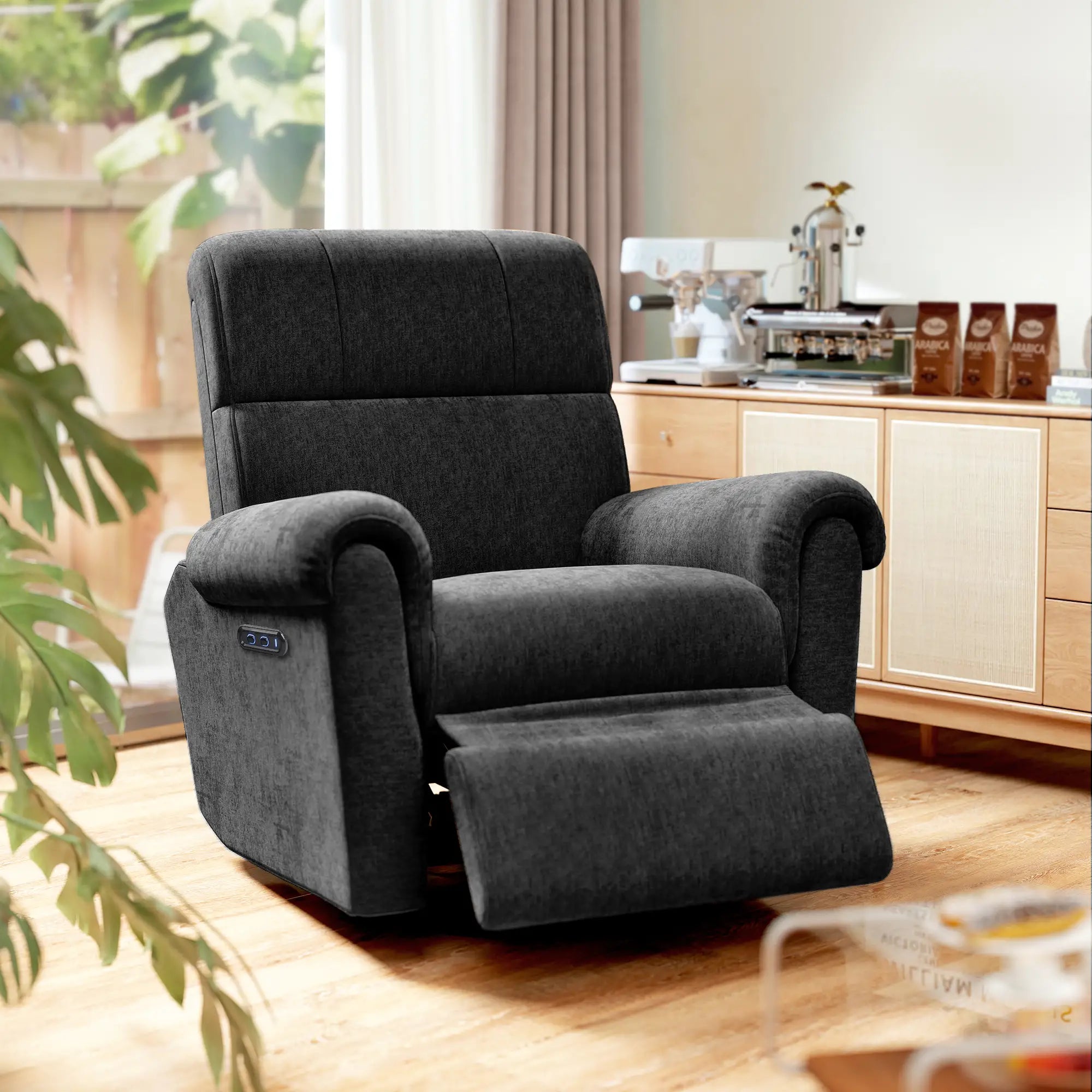 Power Recliner Chair, Fabric Upholstered, USB Ports, Swivel Rocking, Footrest, Black Single Sofas at Gallery Canada