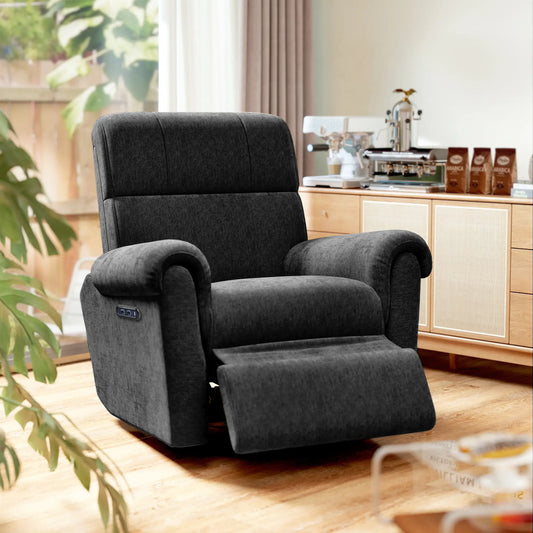 Power Recliner Chair, Fabric Upholstered, USB Ports, Swivel Rocking, Footrest, Black Single Sofas Black at Gallery Canada
