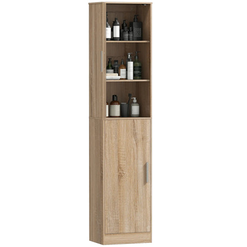 Tall Bathroom Cabinet, Slim 6-Tier Bathroom Floor Cabinet with 2 Doors and 4 Adjustable Shelves, Natural Wood