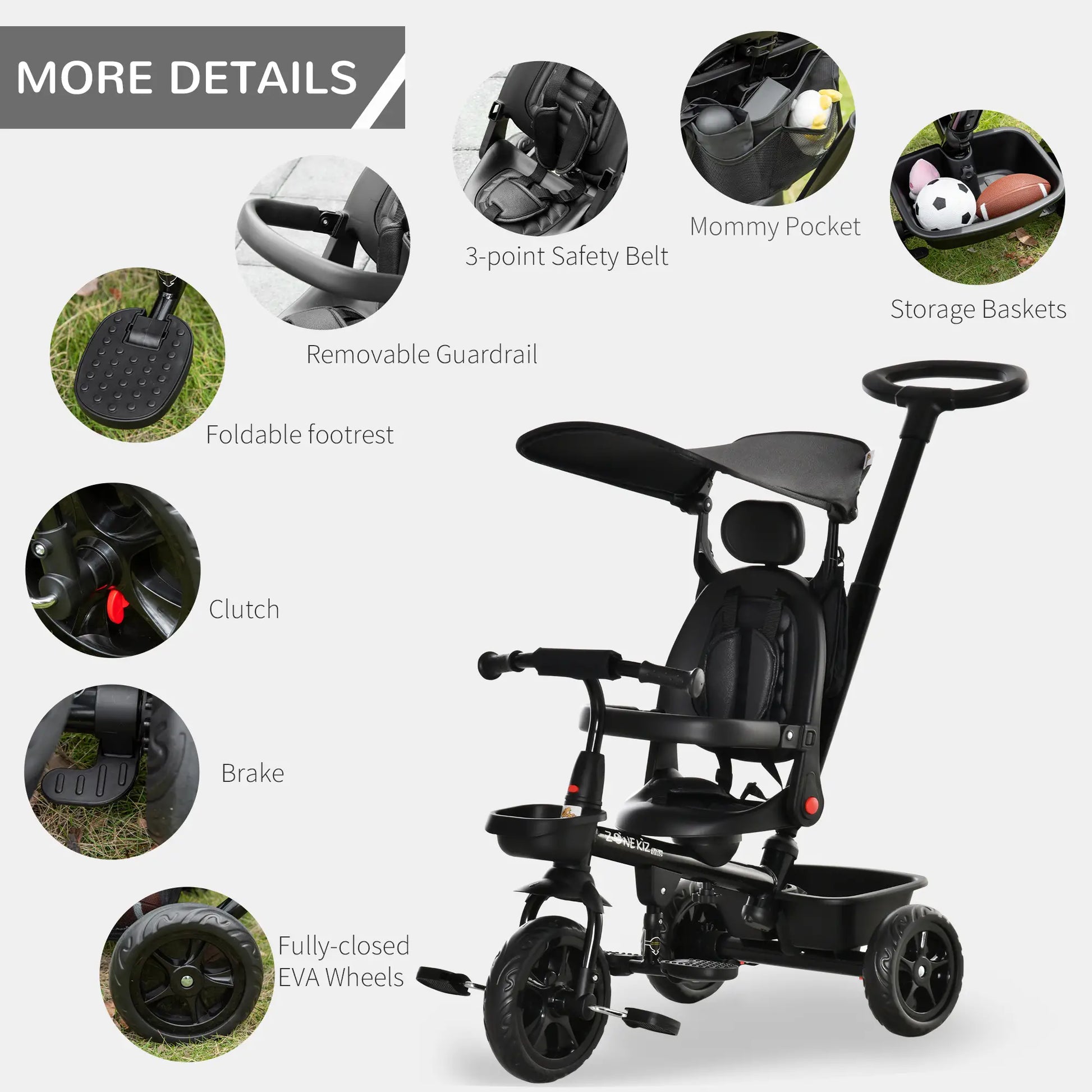 Kids Tricycle 4 In 1 Trike with Reversible Angle Adjustable Seat Removable Handle Canopy Handrail Belt Storage Footrest Brake Clutch for 1-5 Years Old Black Tricycles for Kids at Gallery Canada