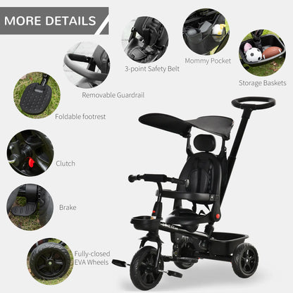 Kids Tricycle 4 In 1 Trike with Reversible Angle Adjustable Seat Removable Handle Canopy Handrail Belt Storage Footrest Brake Clutch for 1-5 Years Old Black Tricycles for Kids at Gallery Canada