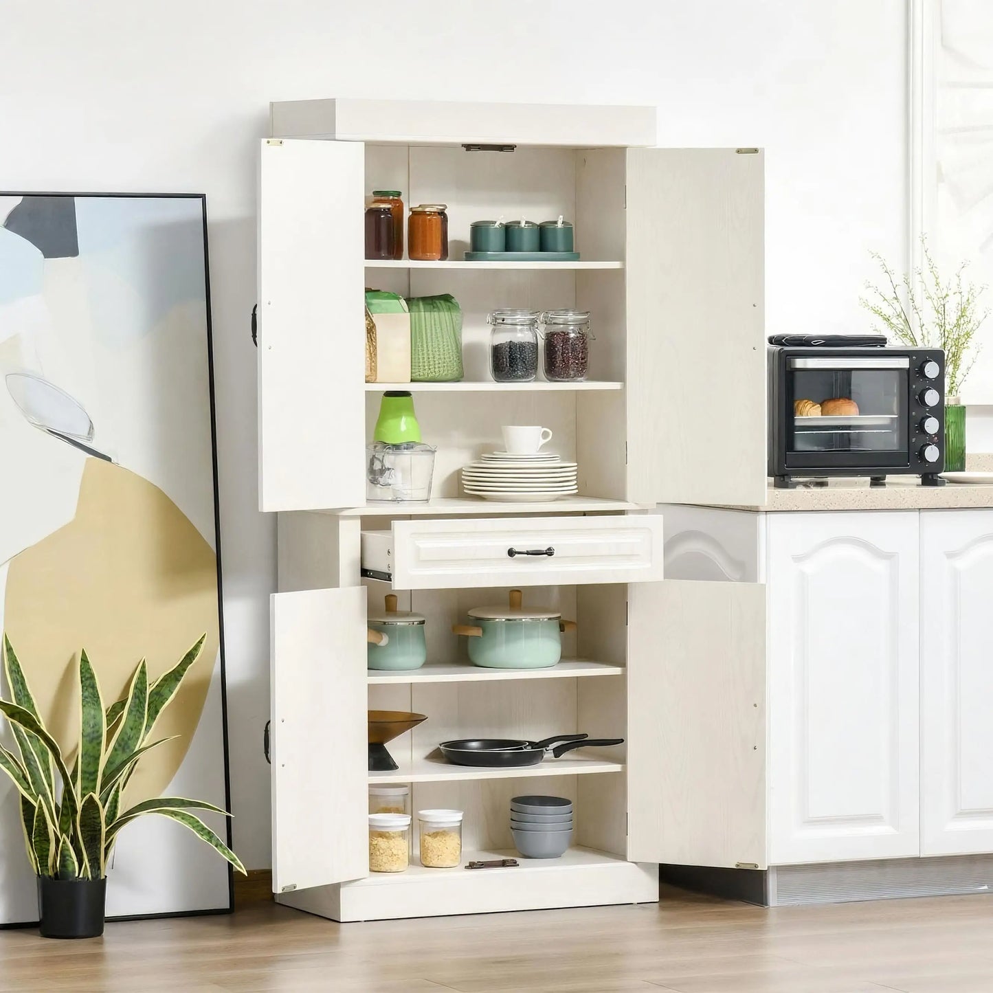 71" Freestanding Kitchen Pantry, 4 Doors 2 Cabinets, Distressed White, White