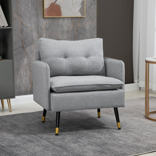 Accent Chair with Cushioned Seat and Back, Upholstered Fabric Armchair for Bedroom, Button Tufted Living Room Chair with Arms and Steel Legs, Grey - Gallery Canada