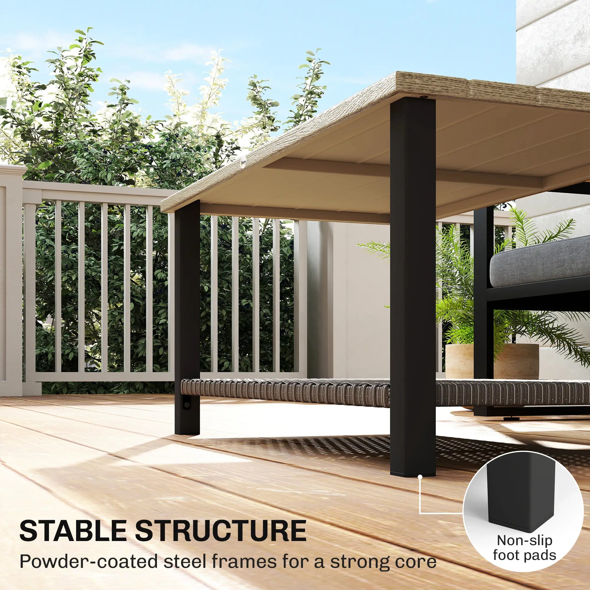 2-Tier Rectangle Outdoor Coffee Table, Wood-Effect Metal Top, Wicker Shelf, Brown Patio Side Tables at Gallery Canada