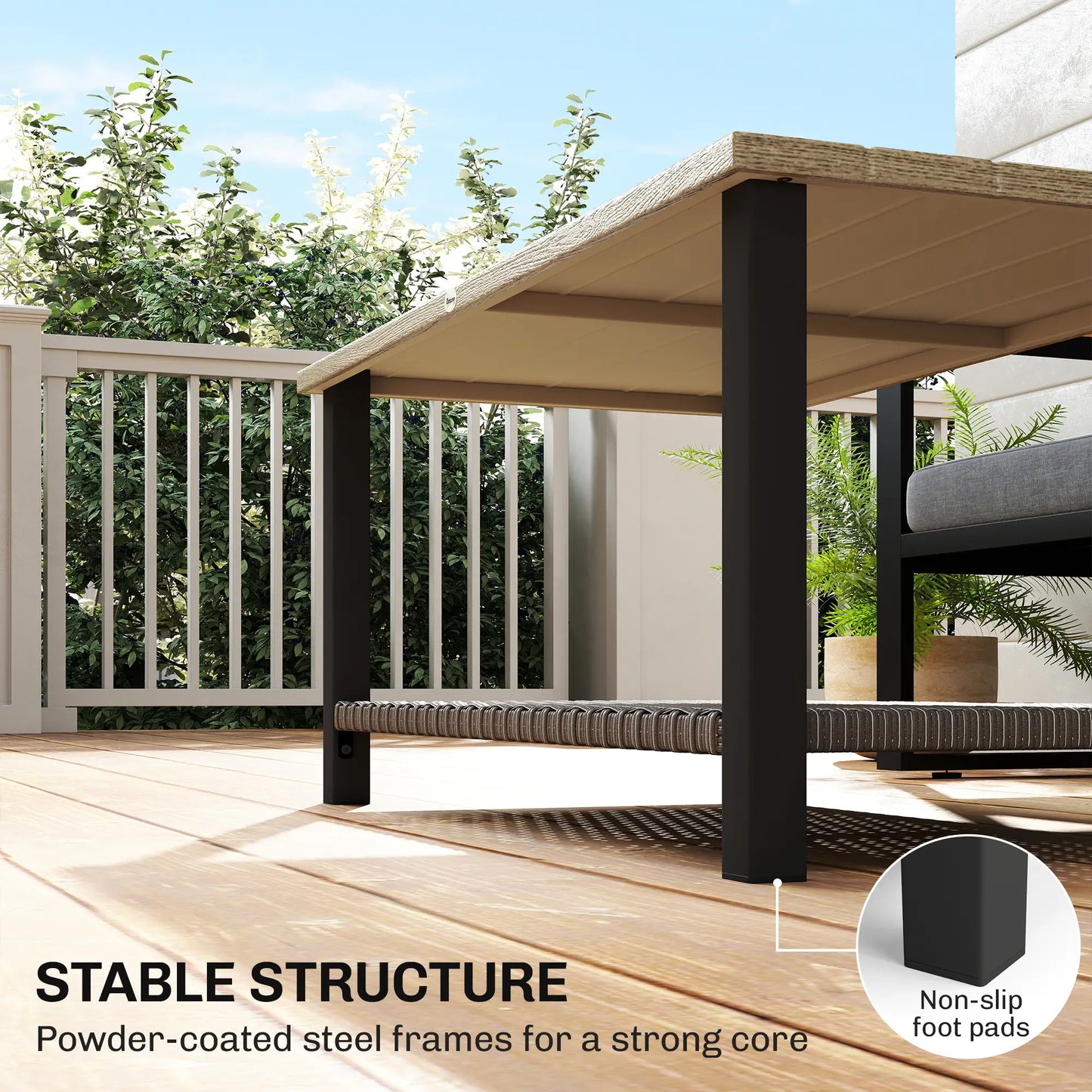 2-Tier Rectangle Outdoor Coffee Table, Wood-Effect Metal Top, Wicker Shelf, Brown Patio Side Tables at Gallery Canada