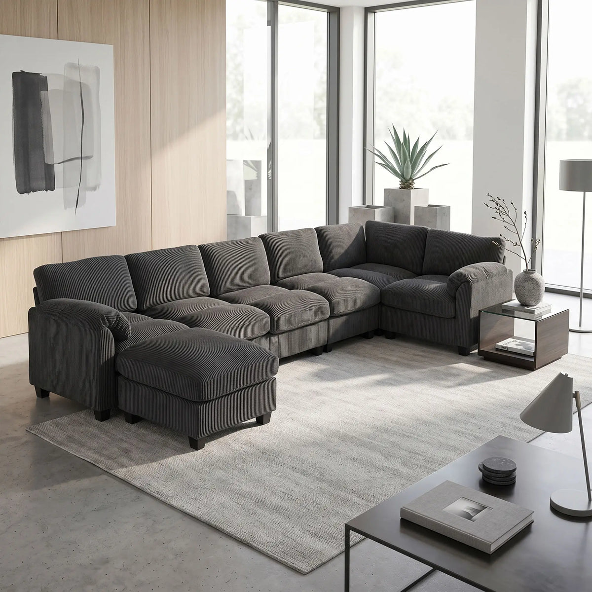 Modular Sectional Sofa, Oversized U-Shaped, Spring Cushion, Corduroy, Charcoal Grey 3-Seater Sofas at Gallery Canada
