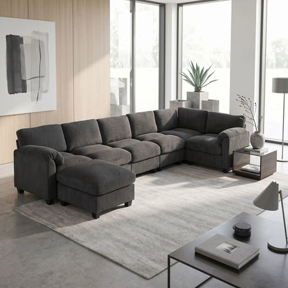 Modular Sectional Sofa, Oversized U-Shaped, Spring Cushion, Corduroy, Charcoal Grey 3-Seater Sofas at Gallery Canada