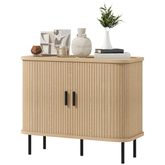 35.4" Buffet de crédence, bar à café nordique, portes à lamelles, chêne