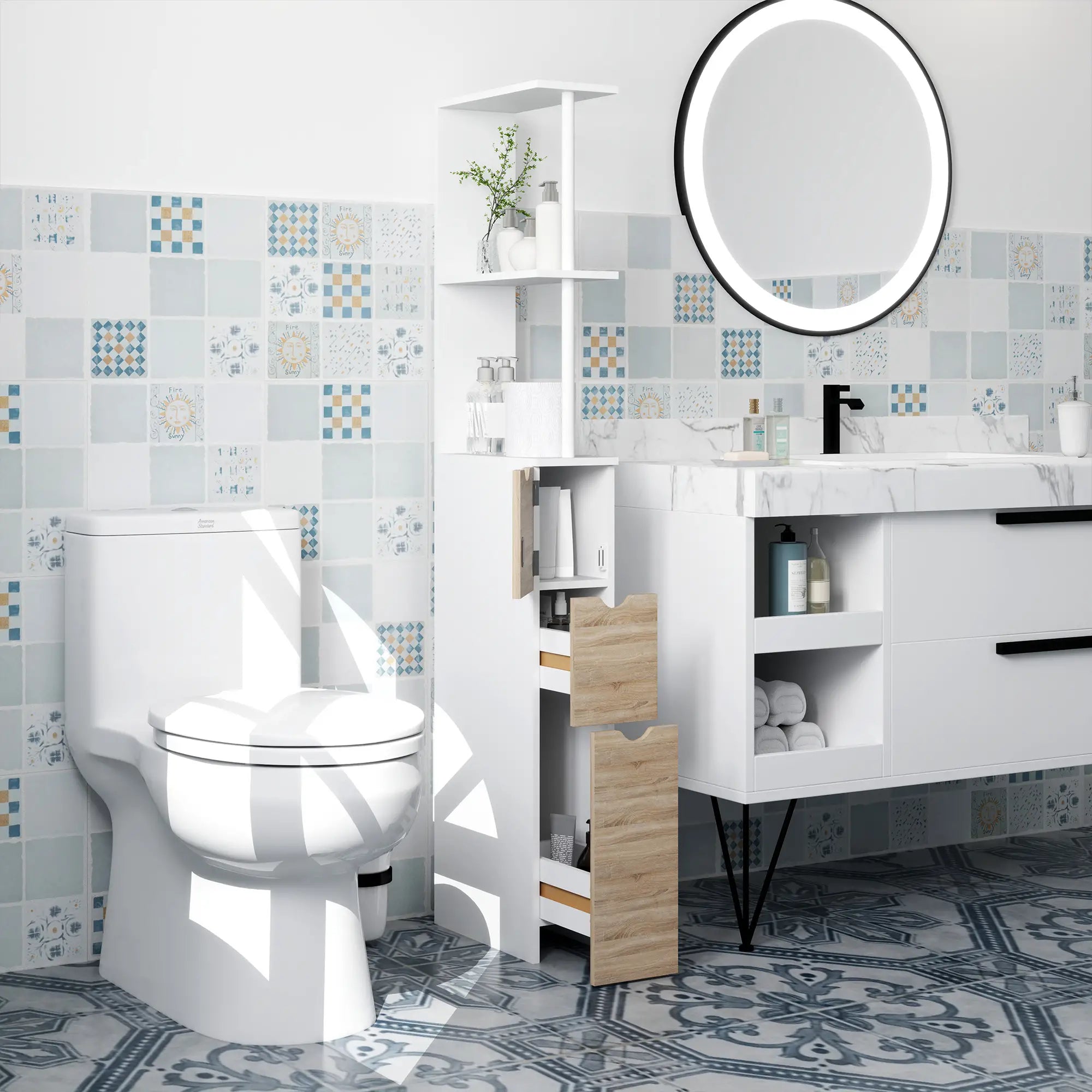Tall Bathroom Storage Cabinet, Narrow Bathroom Cabinet with Drawers and Open Shelves for Small Spaces, Natural Wood Freestanding Bathroom Cabinets at Gallery Canada