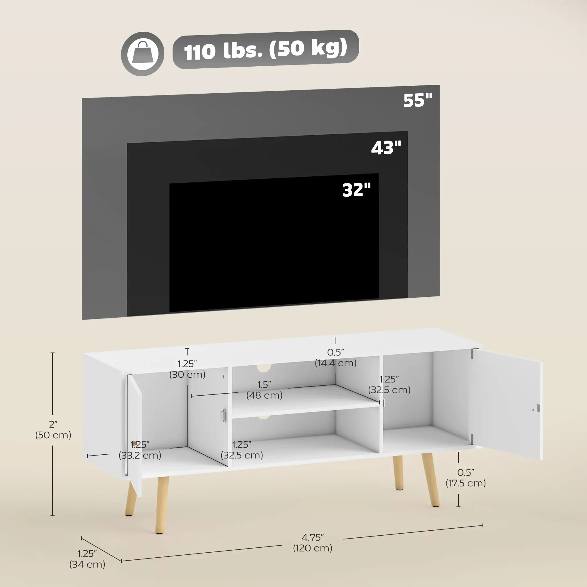 TV Stand for 55 Inches, Storage Shelves, Wood Legs, White TV Stands at Gallery Canada