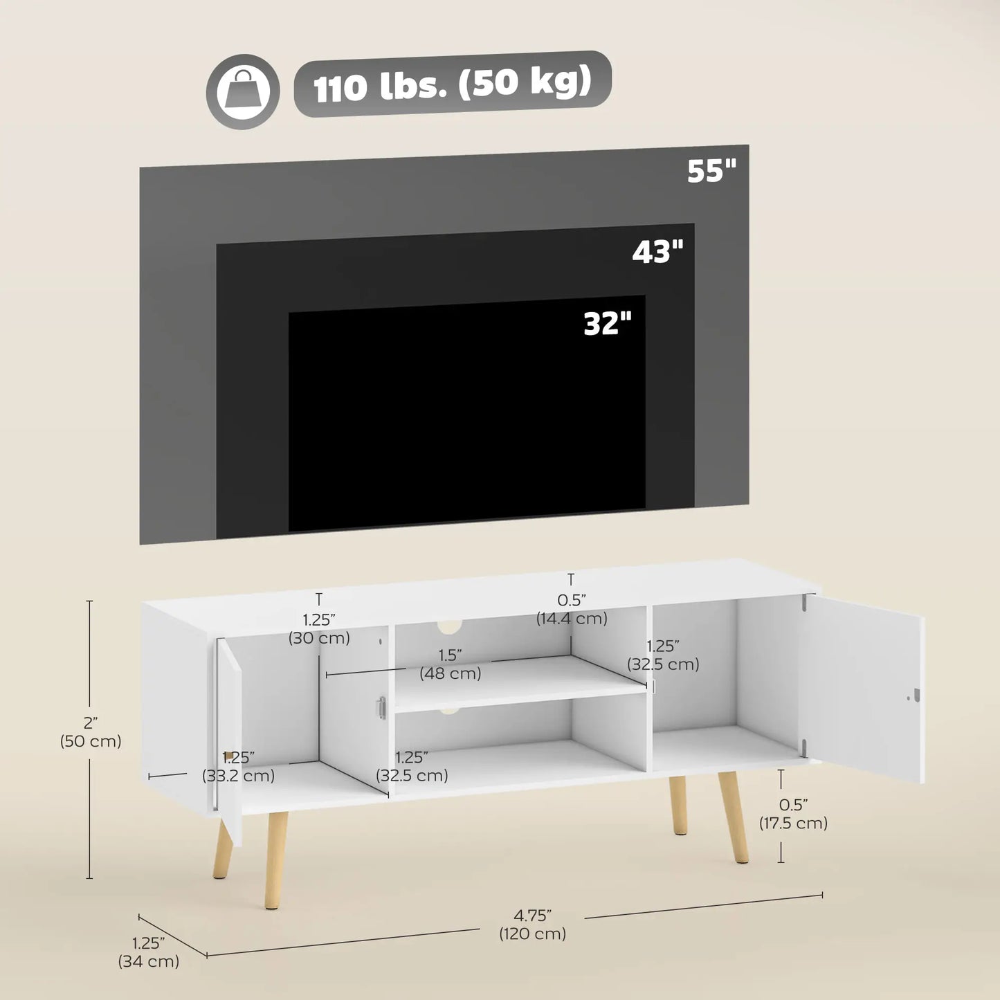 TV Stand for 55 Inches, Storage Shelves, Wood Legs, White TV Stands at Gallery Canada