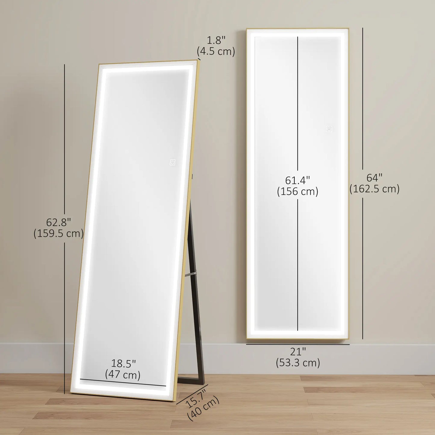 LED Mirror with Dimmable 3 Color Lights, 64" x 21", Gold Full Length Mirrors at Gallery Canada