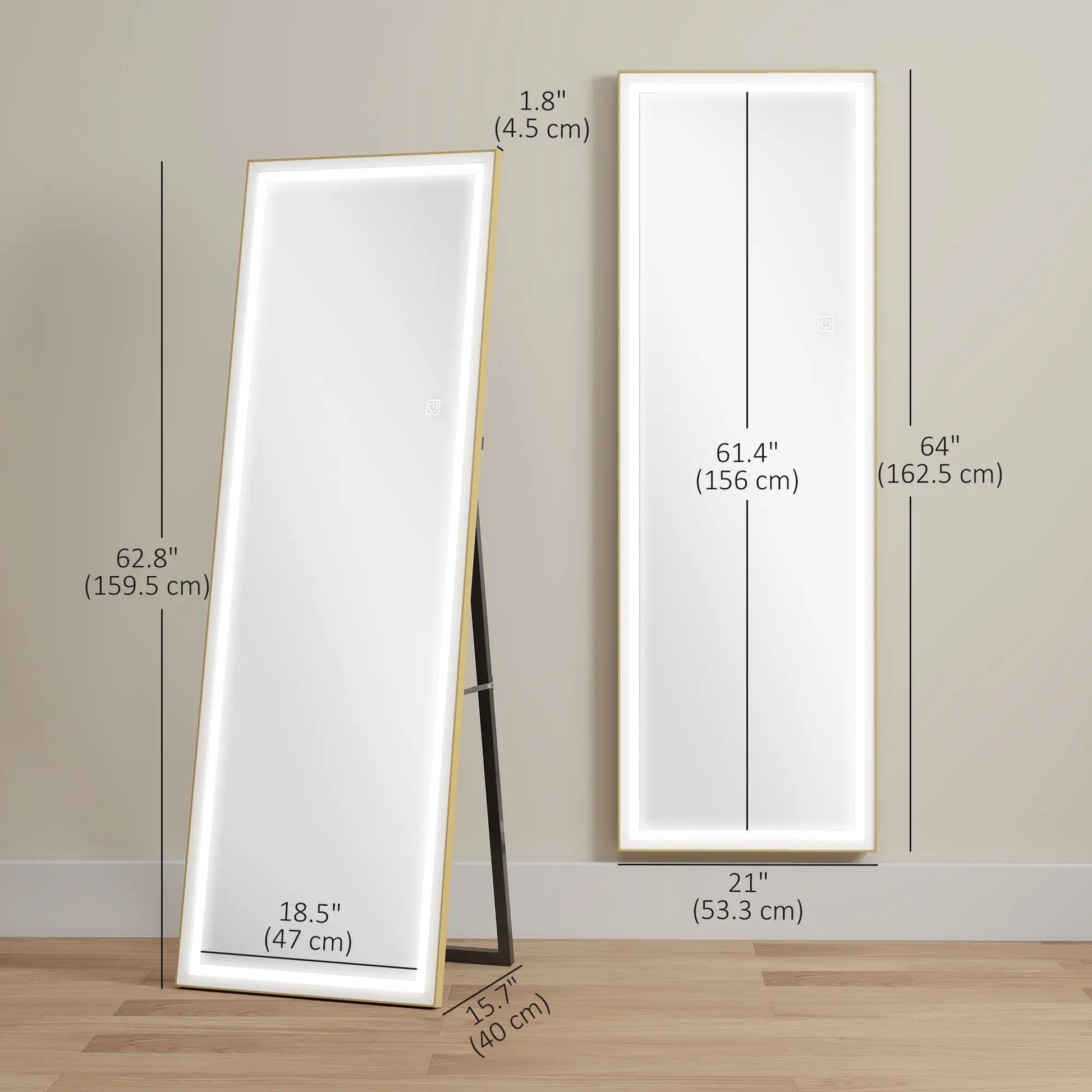 LED Mirror with Dimmable 3 Color Lights, 64" x 21", Gold Full Length Mirrors at Gallery Canada