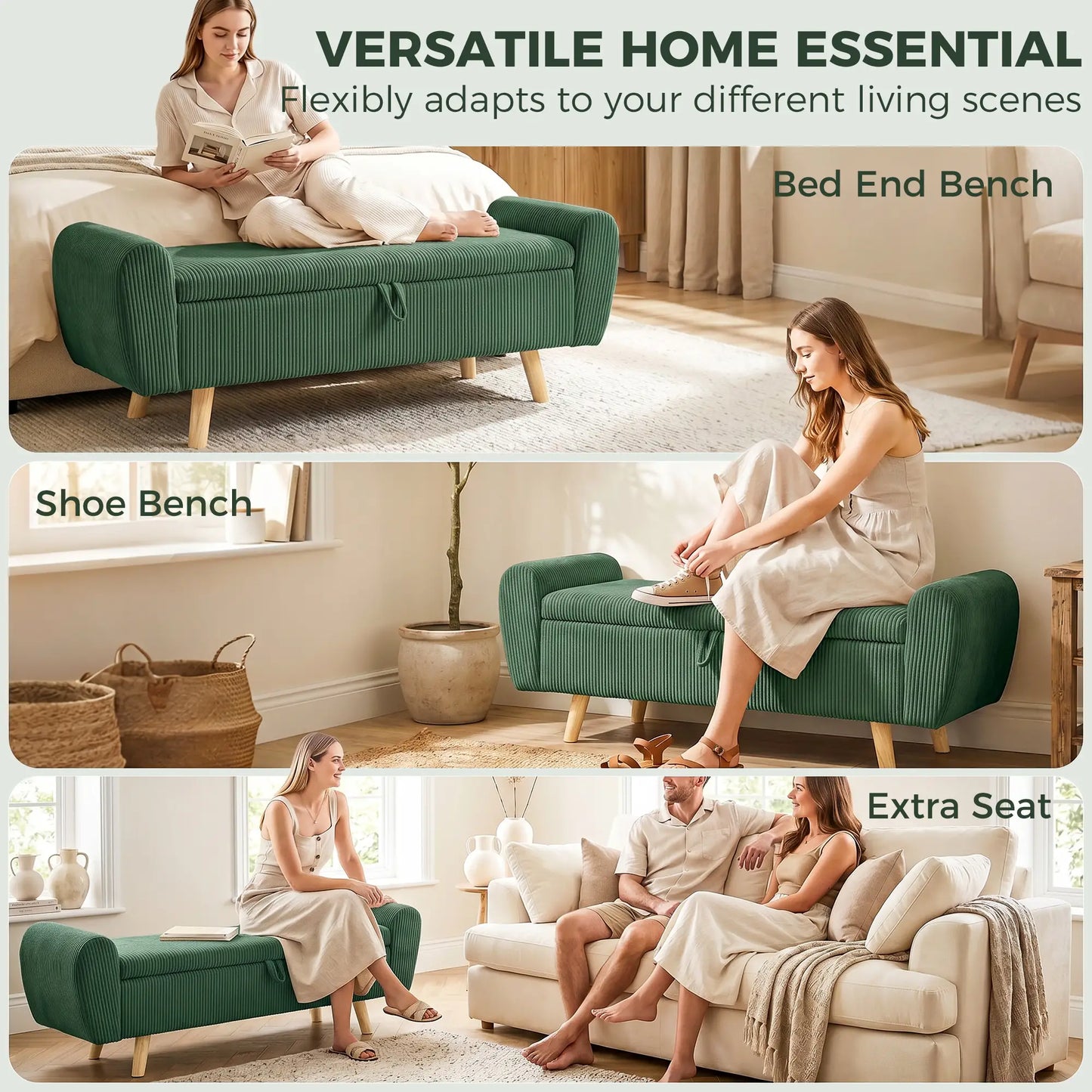 Ottomane de rangement, banc de lit en velours côtelé de 59", vert foncé