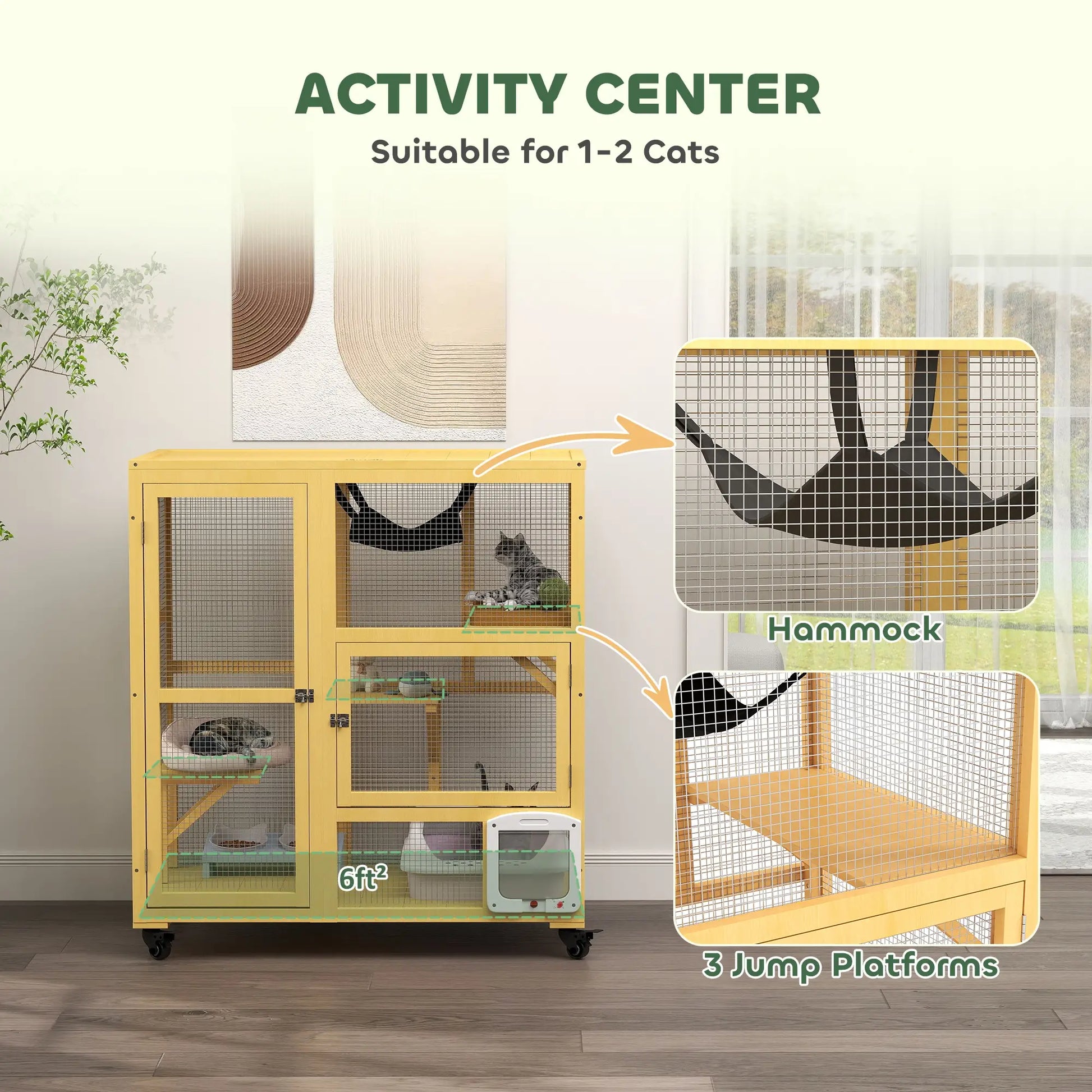 Wooden Cat Condo on Wheels, Cat Flap Door, Hammock, Openable Top, 2 Cats, Yellow Outdoor Cat Enclosures at Gallery Canada