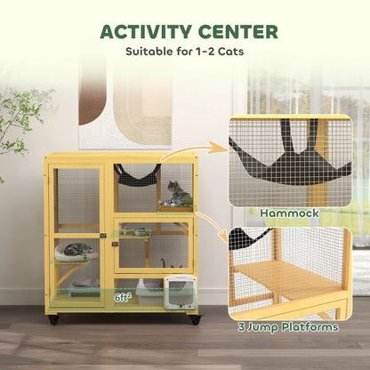 Wooden Cat Condo on Wheels, Cat Flap Door, Hammock, Openable Top, 2 Cats, Yellow Outdoor Cat Enclosures at Gallery Canada