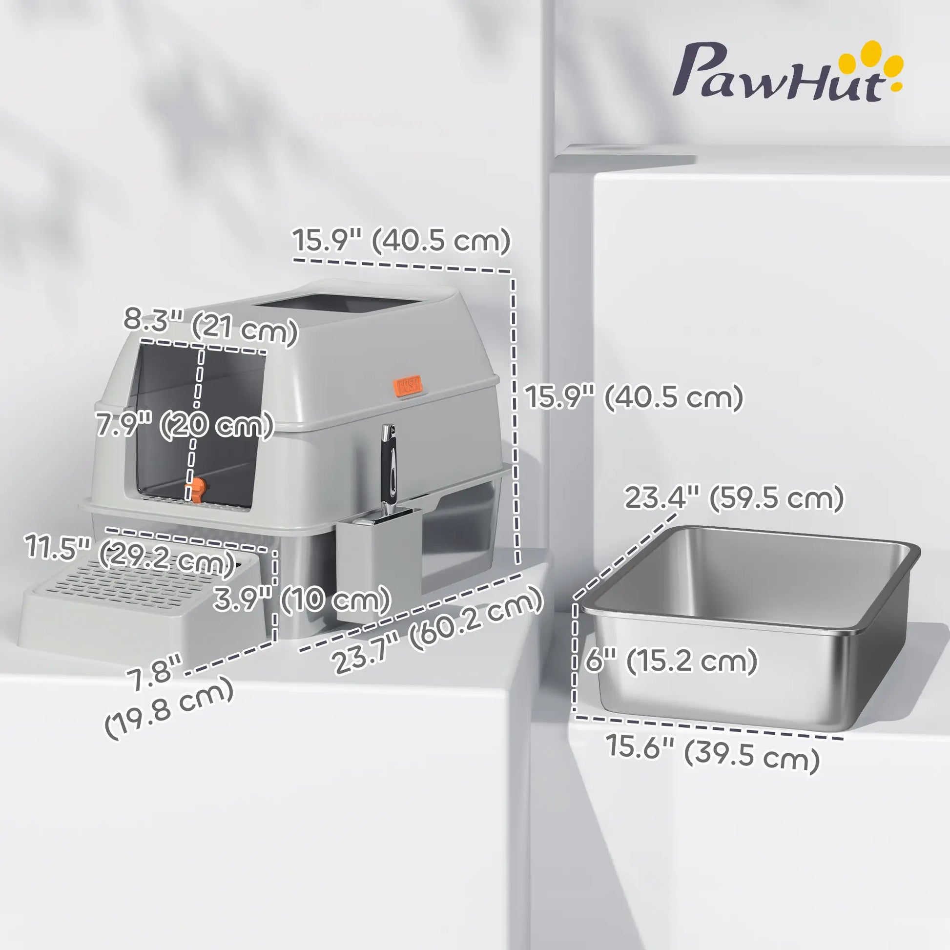 Stainless Steel Cat Litter Box with Lid, High Sided, Light Grey Cat Litter Box Enclosures at Gallery Canada