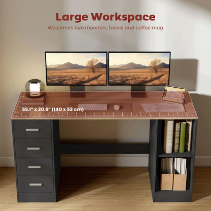 55 Inch Office Desk, Black Wood Grain, 4 Reversible Drawers, Mobile PC Stand, Black Computer Desks at Gallery Canada