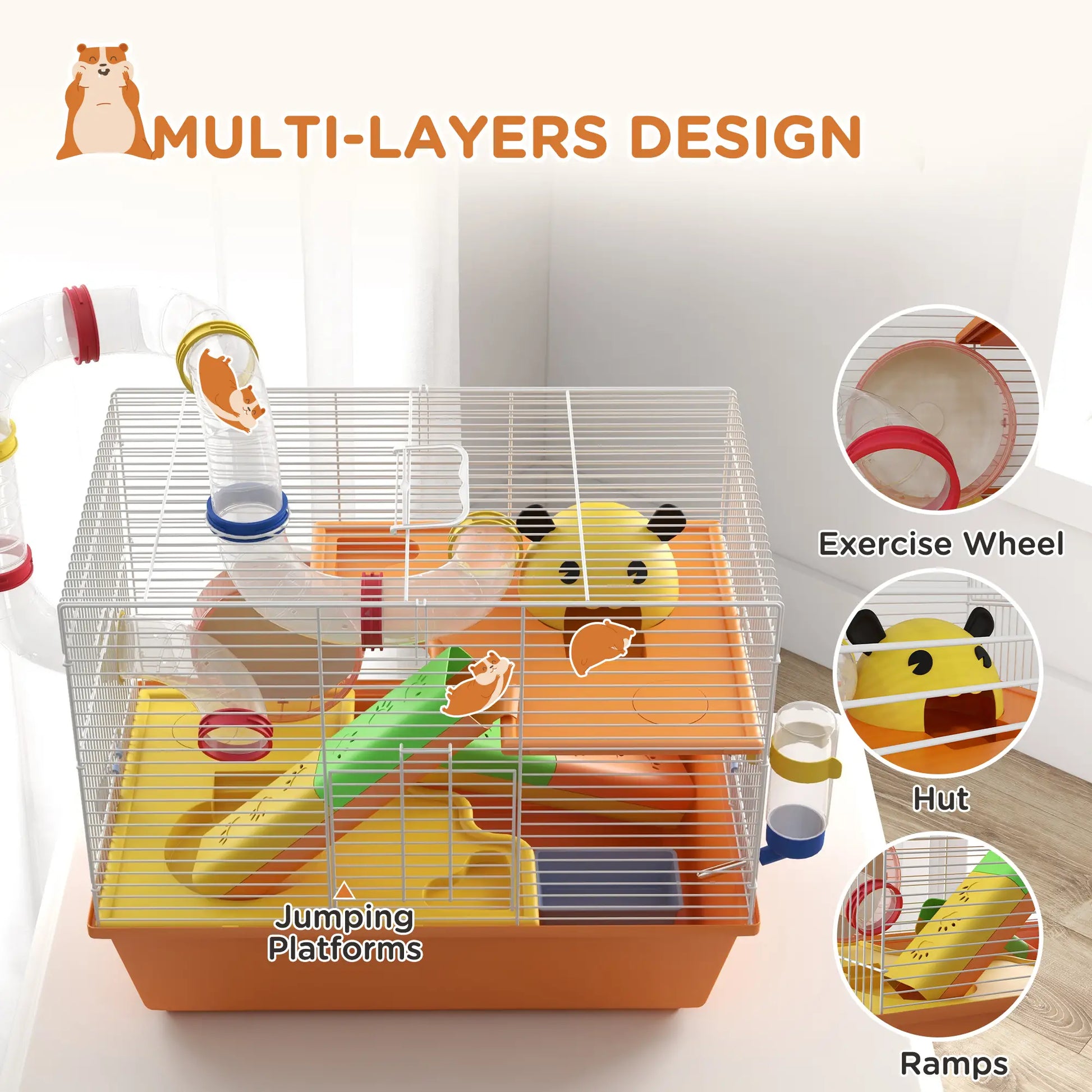 3 Tier Hamster Cage, Tunnels, Water Bottle, Exercise Wheel, 18" x 11" x 15", Orange Hamster Cages at Gallery Canada